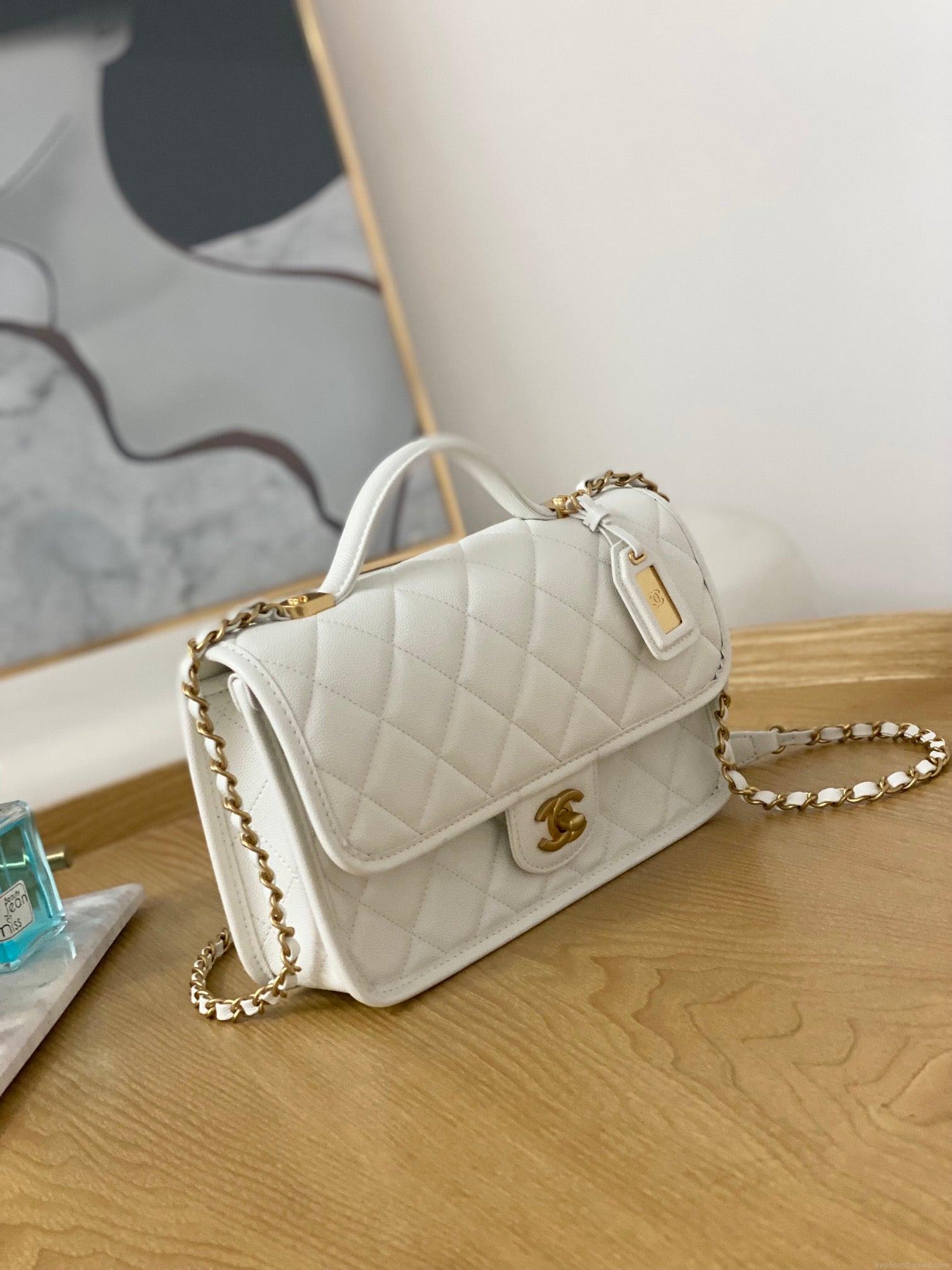 Chanel AS3653 Small Flap Bag with Top Handle Calfskin & Gold-Tone Metal White
