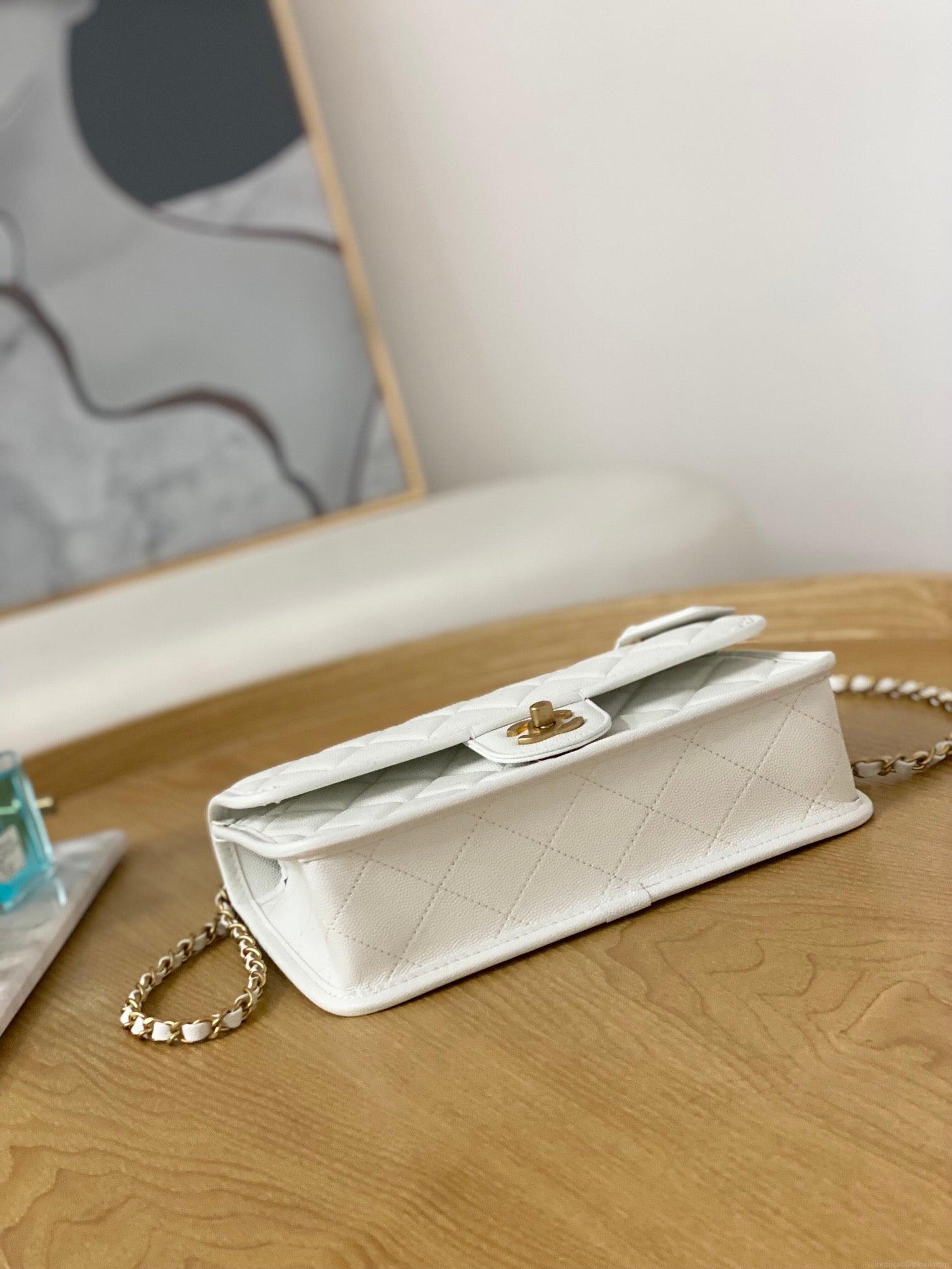 Chanel AS3653 Small Flap Bag with Top Handle Calfskin & Gold-Tone Metal White