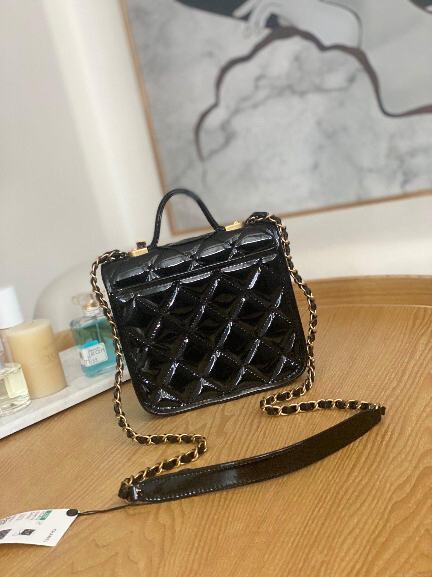 Chanel AS3652 Small Flap Bag with Top Handle Patent Calfskin & Gold-Tone Metal Black