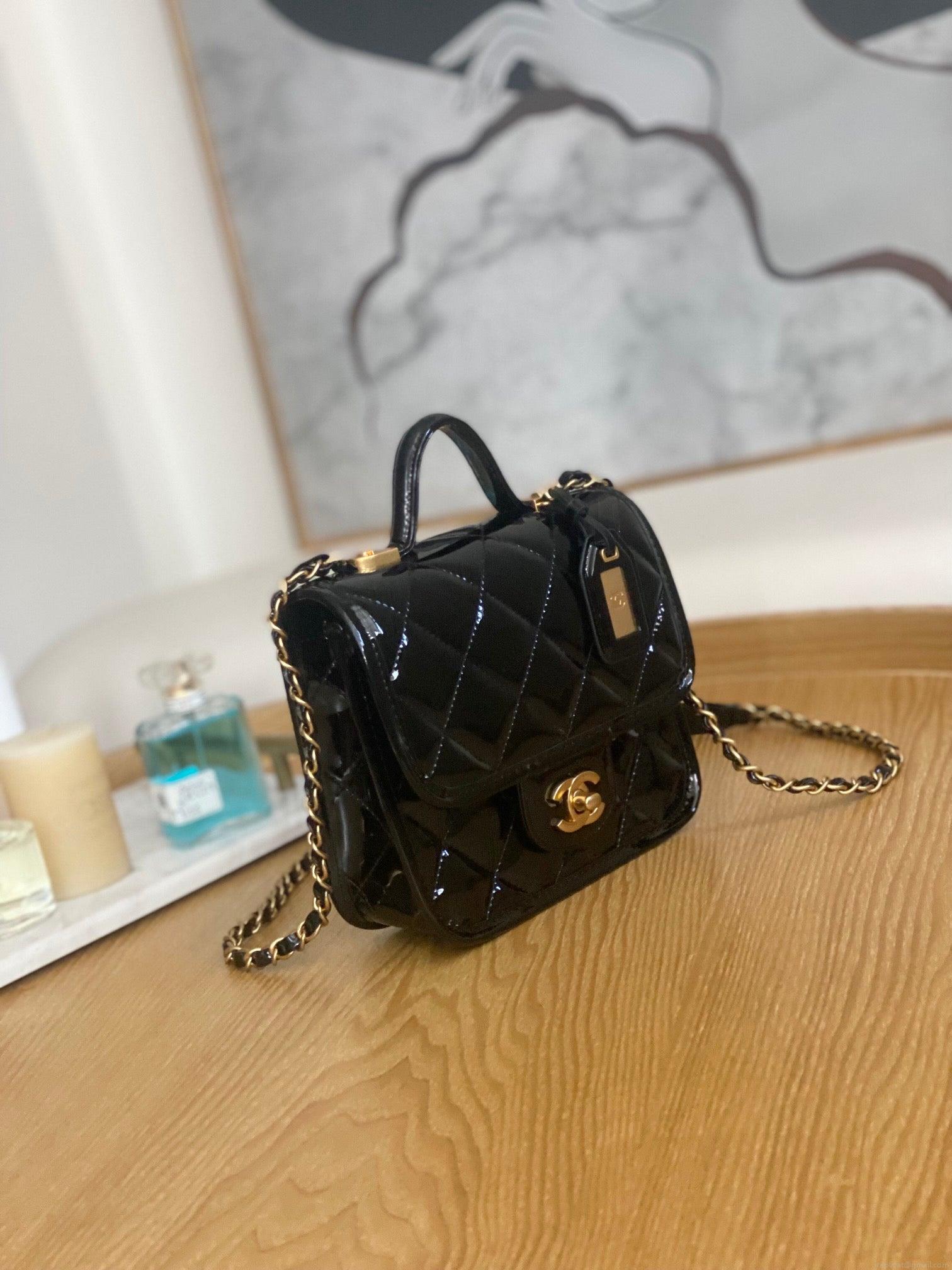 Chanel AS3652 Small Flap Bag with Top Handle Patent Calfskin & Gold-Tone Metal Black