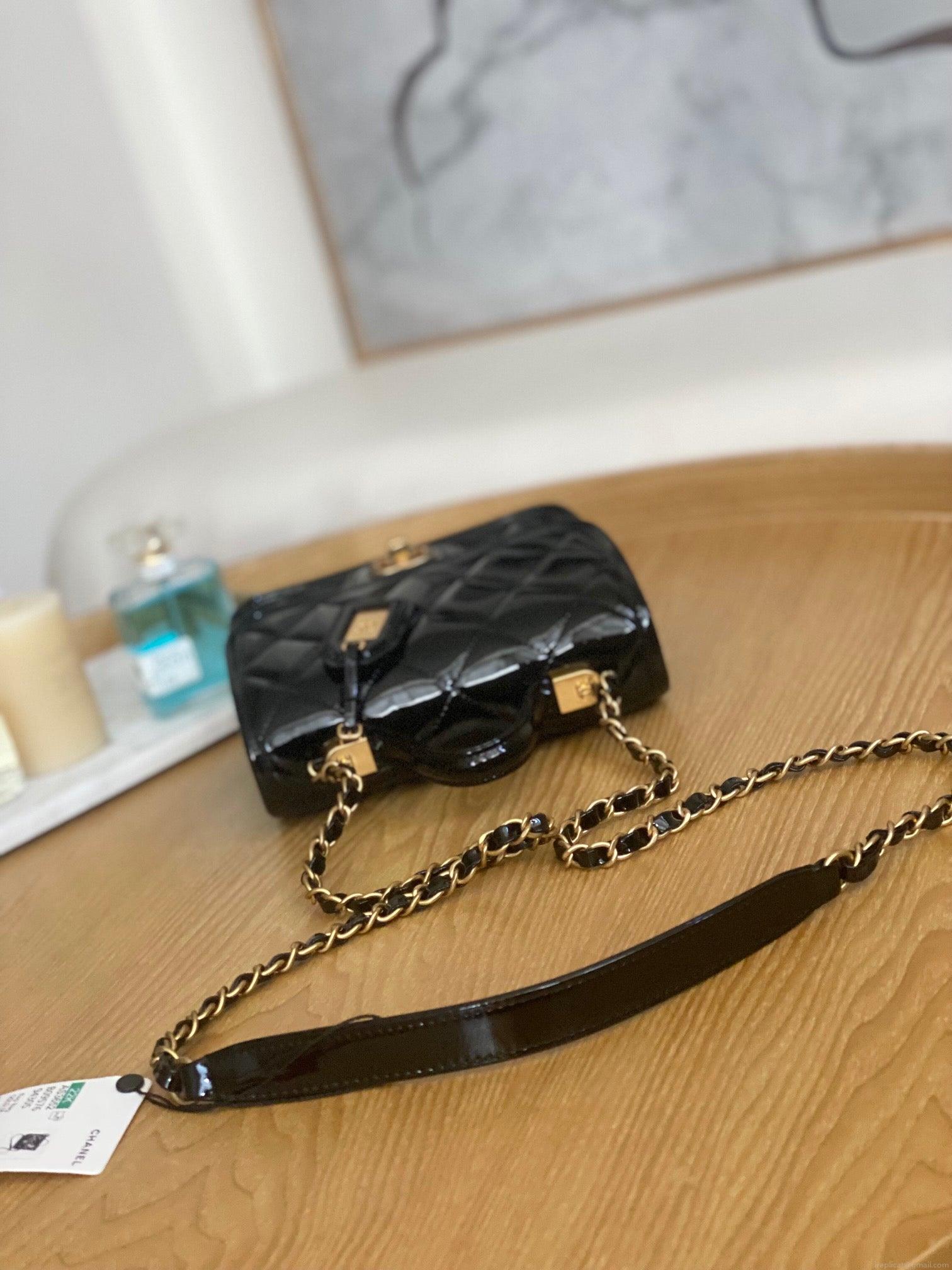 Chanel AS3652 Small Flap Bag with Top Handle Patent Calfskin & Gold-Tone Metal Black