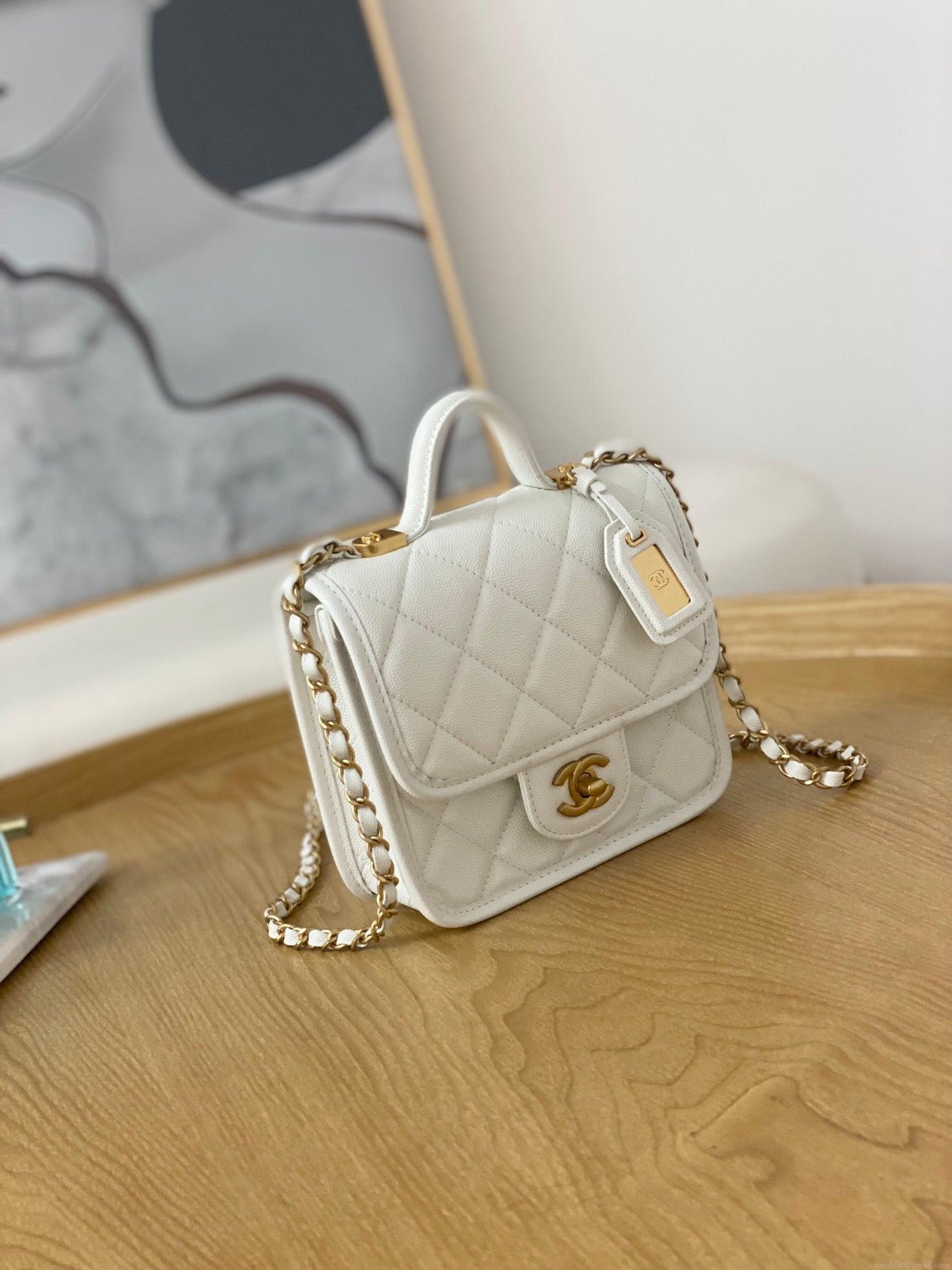 Chanel AS3652 Small Flap Bag with Top Handle Calfskin & Gold-Tone Metal White