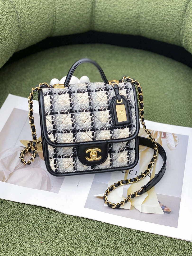 Chanel AS3652 Small Flap Bag with Top Handle Cotton & Wool Tweed & Gold-Tone Metal Grey and Beige
