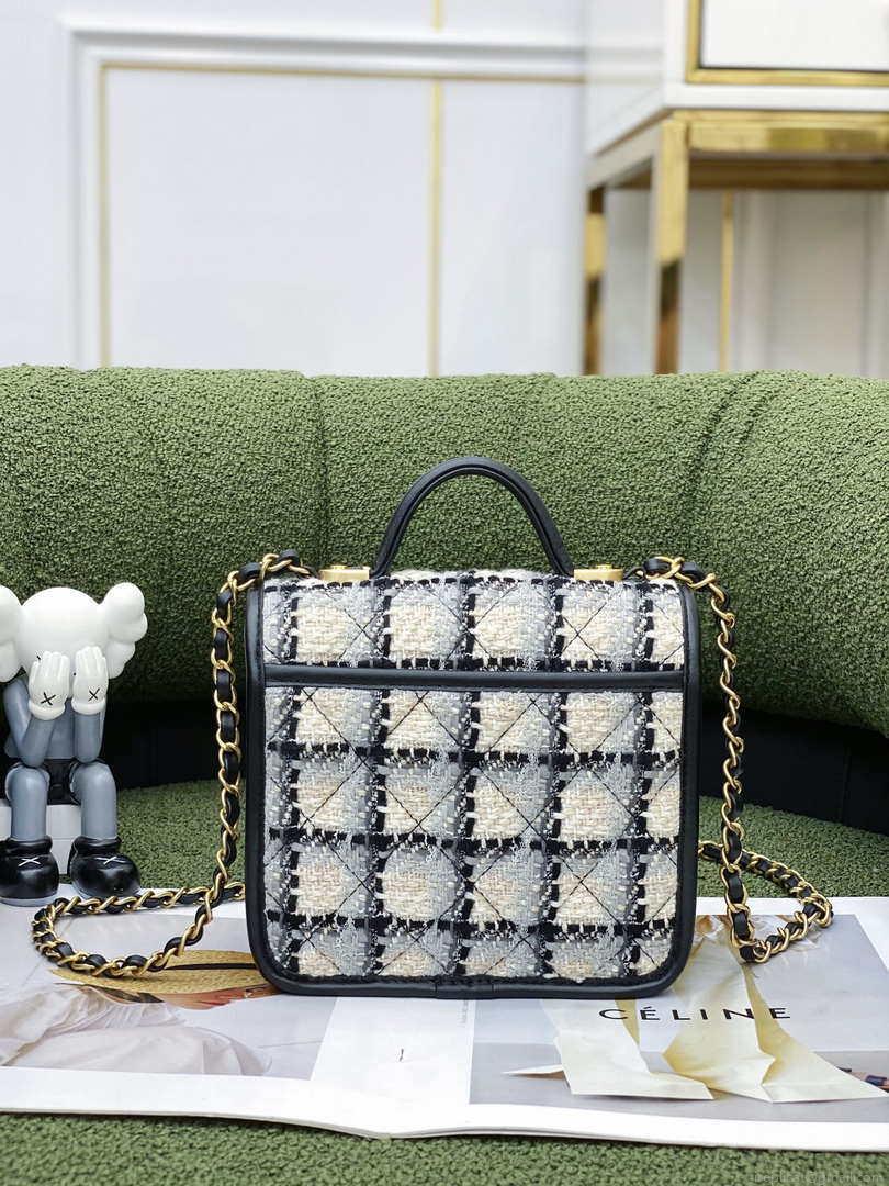 Chanel AS3652 Small Flap Bag with Top Handle Cotton & Wool Tweed & Gold-Tone Metal Grey and Beige