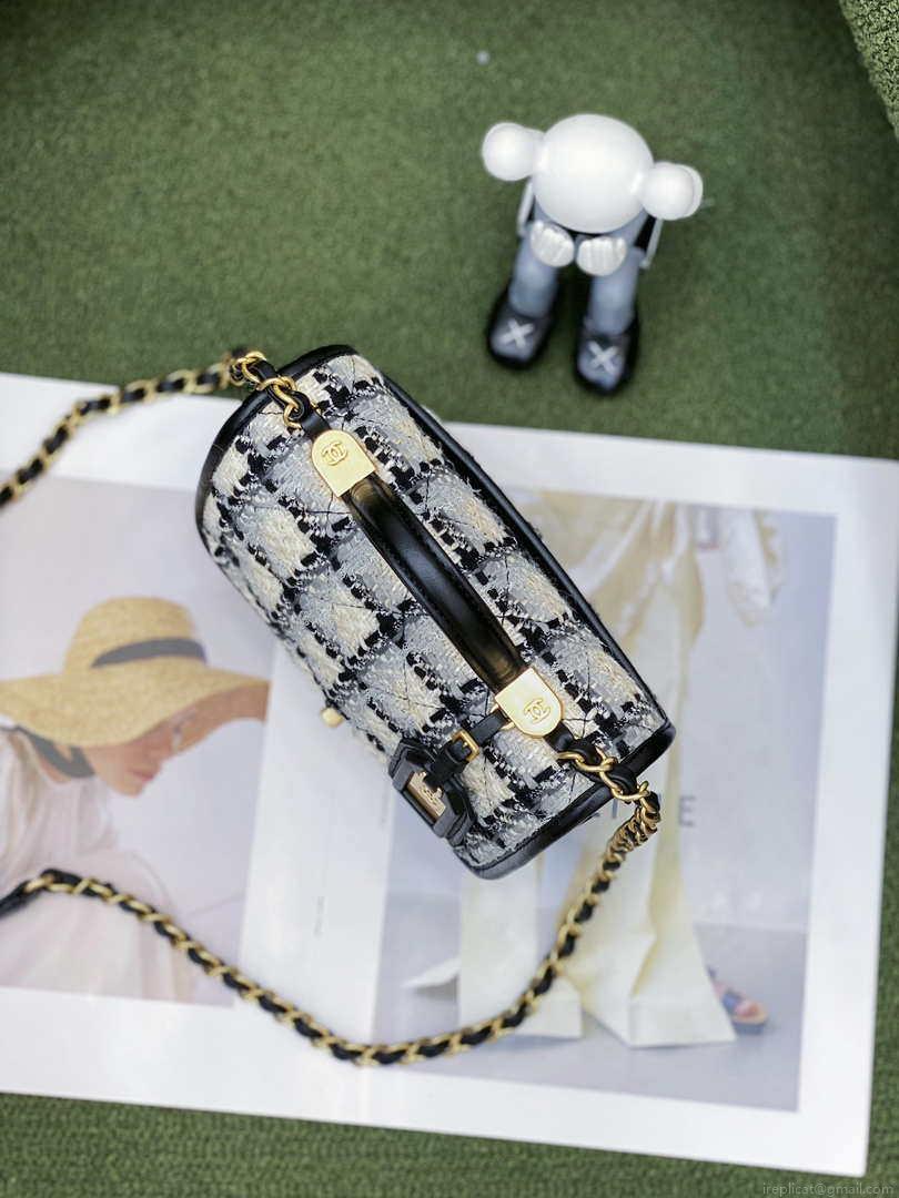 Chanel AS3652 Small Flap Bag with Top Handle Cotton & Wool Tweed & Gold-Tone Metal Grey and Beige