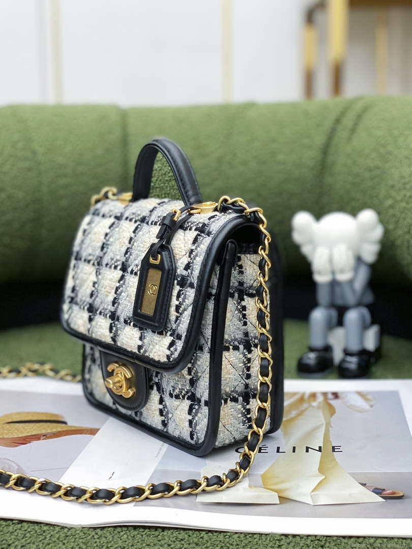 Chanel AS3652 Small Flap Bag with Top Handle Cotton & Wool Tweed & Gold-Tone Metal Grey and Beige
