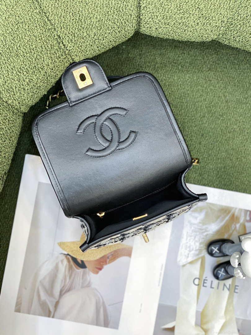 Chanel AS3652 Small Flap Bag with Top Handle Cotton & Wool Tweed & Gold-Tone Metal Grey and Beige