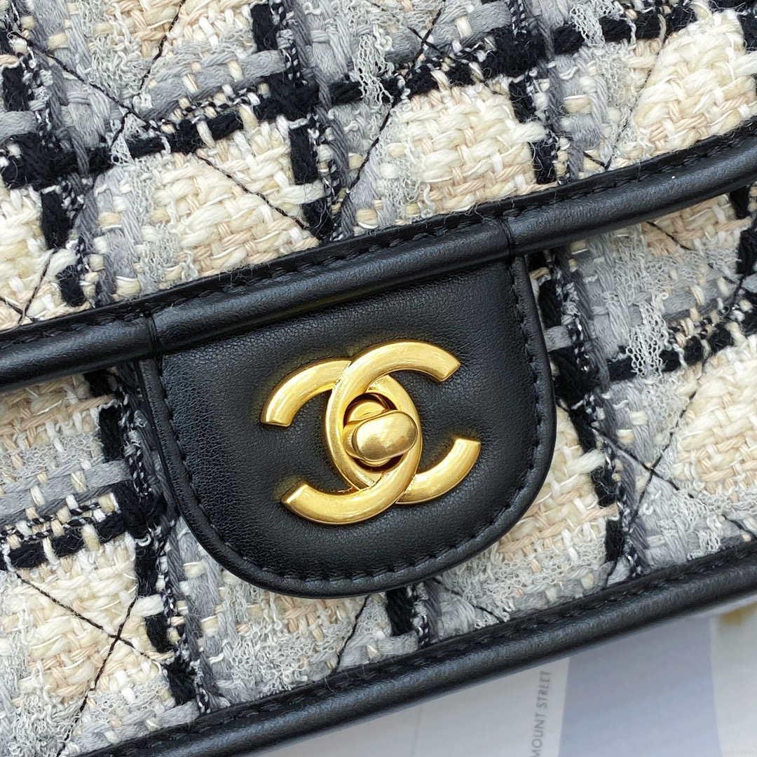 Chanel AS3652 Small Flap Bag with Top Handle Cotton & Wool Tweed & Gold-Tone Metal Grey and Beige