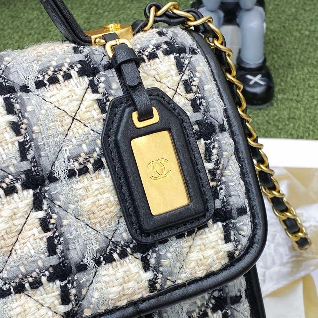 Chanel AS3652 Small Flap Bag with Top Handle Cotton & Wool Tweed & Gold-Tone Metal Grey and Beige