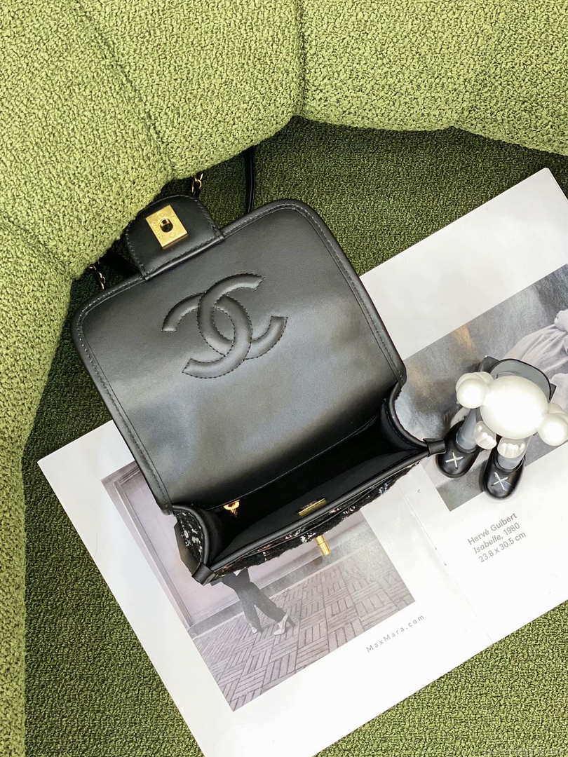 Chanel AS3652 Small Flap Bag with Top Handle Cotton & Wool Tweed & Gold-Tone Metal Black and White