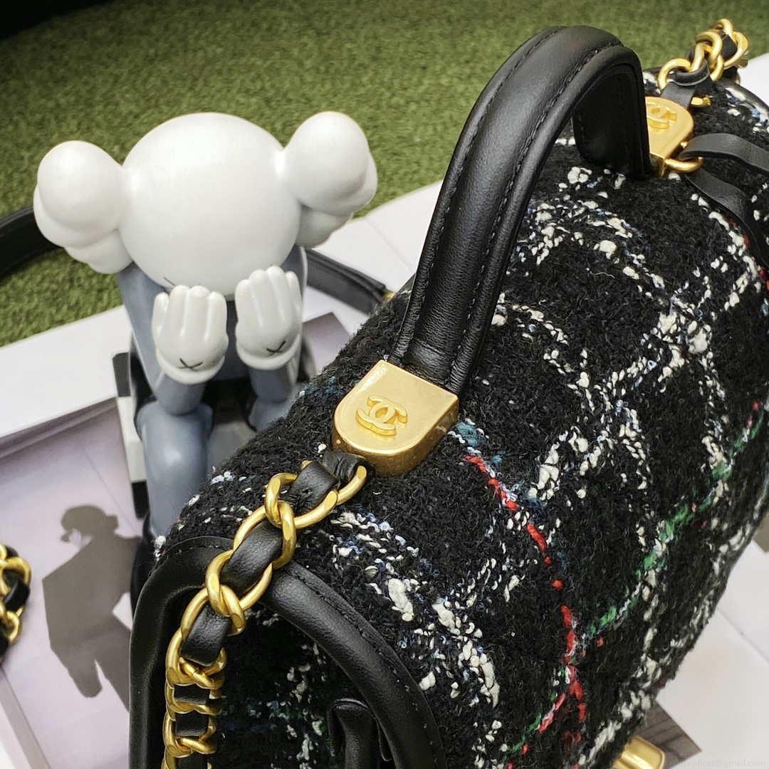 Chanel AS3652 Small Flap Bag with Top Handle Cotton & Wool Tweed & Gold-Tone Metal Black and White