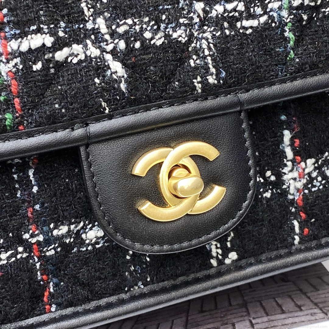 Chanel AS3652 Small Flap Bag with Top Handle Cotton & Wool Tweed & Gold-Tone Metal Black and White