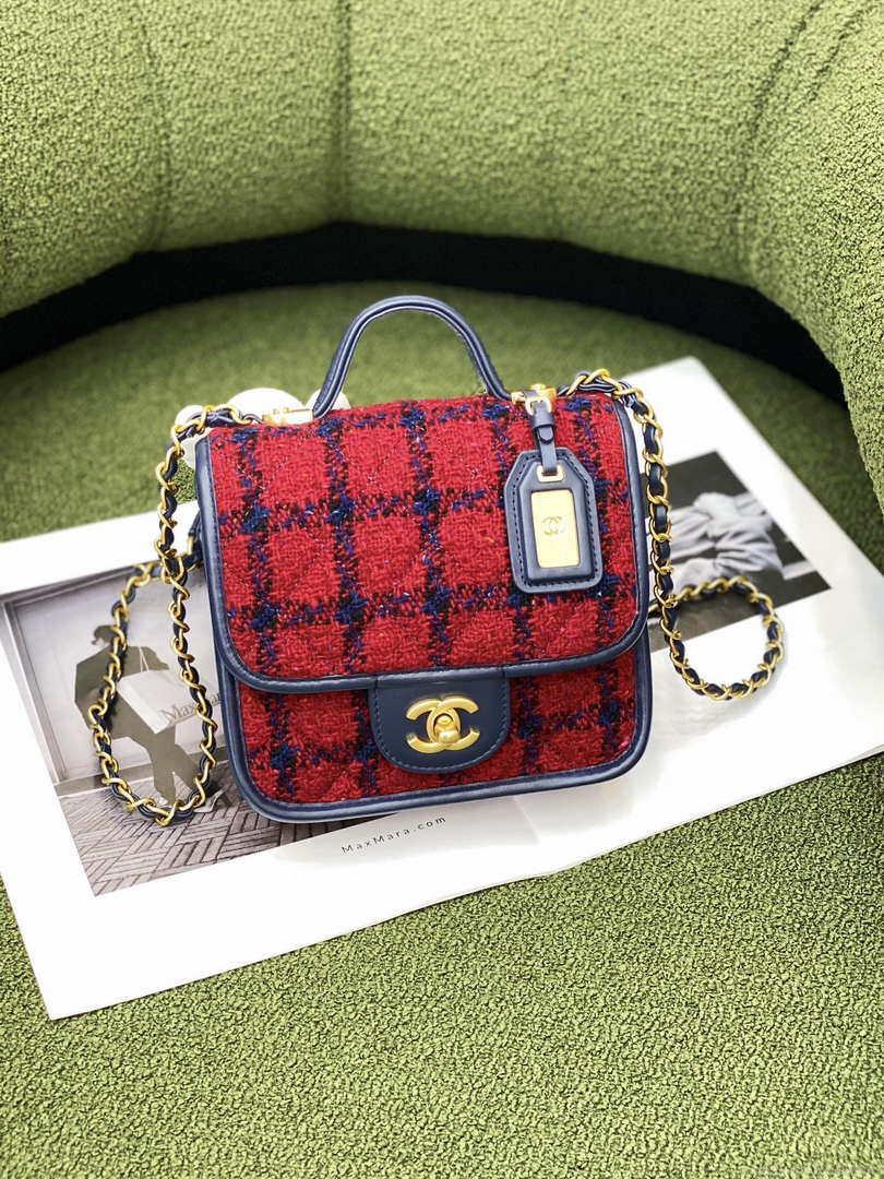 Chanel AS3652 Small Flap Bag with Top Handle Cotton & Wool Tweed & Gold-Tone Metal Black and Red