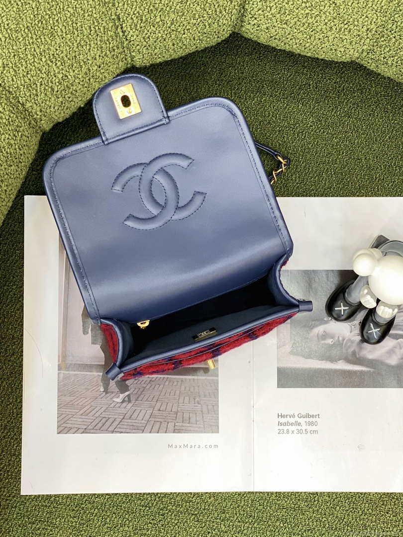 Chanel AS3652 Small Flap Bag with Top Handle Cotton & Wool Tweed & Gold-Tone Metal Black and Red