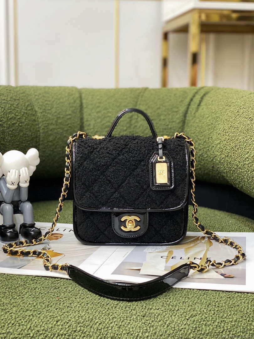 Chanel AS3652 Small Flap Bag with Top Handle Cotton & Wool Tweed & Gold-Tone Metal Black