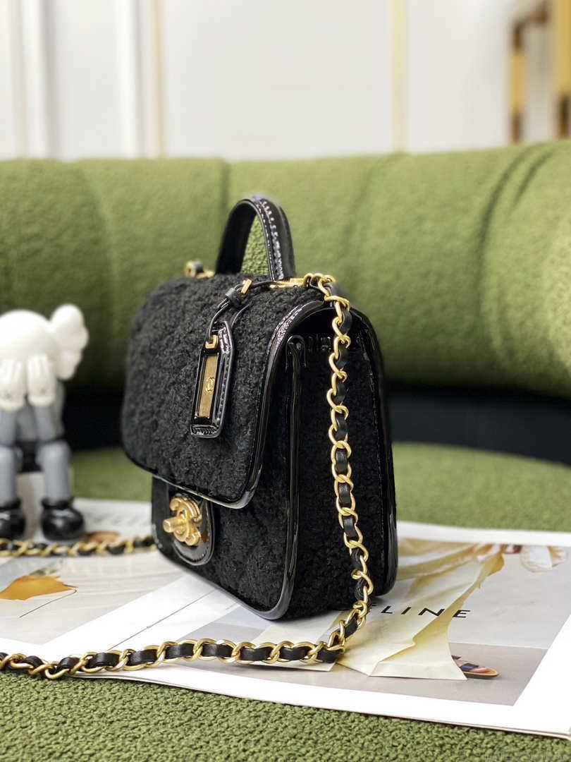 Chanel AS3652 Small Flap Bag with Top Handle Cotton & Wool Tweed & Gold-Tone Metal Black
