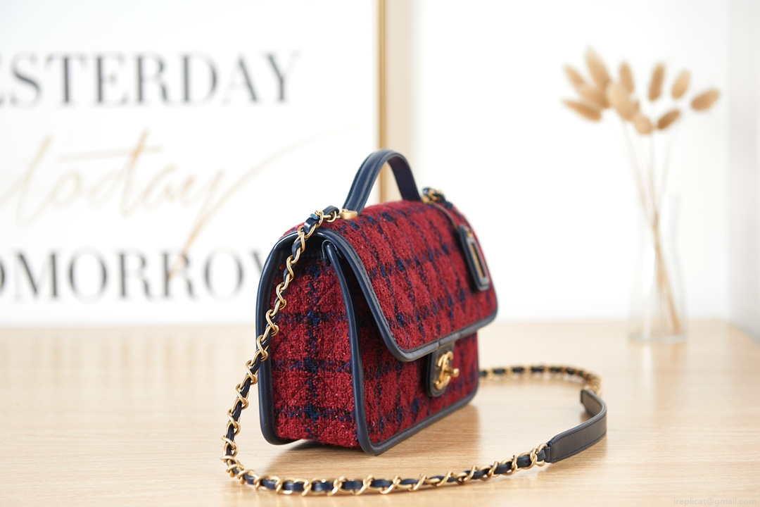 Chanel AS3653 Small Flap Bag with Top Handle Wool Tweed & Gold-Tone Metal Red and Navy Blue