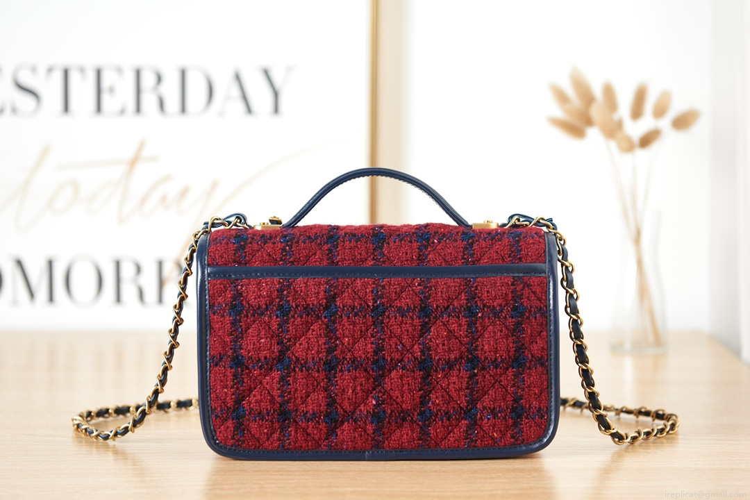 Chanel AS3653 Small Flap Bag with Top Handle Wool Tweed & Gold-Tone Metal Red and Navy Blue