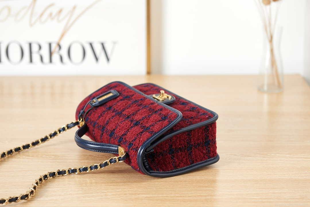 Chanel AS3653 Small Flap Bag with Top Handle Wool Tweed & Gold-Tone Metal Red and Navy Blue