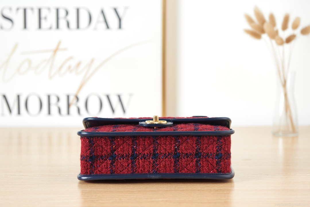Chanel AS3653 Small Flap Bag with Top Handle Wool Tweed & Gold-Tone Metal Red and Navy Blue