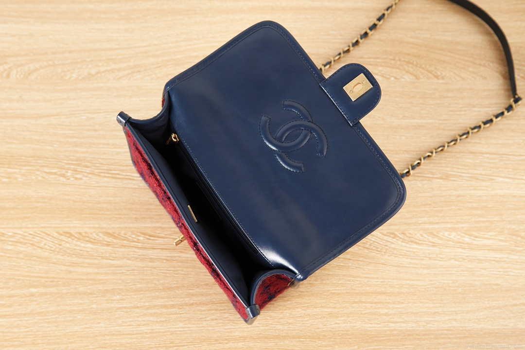 Chanel AS3653 Small Flap Bag with Top Handle Wool Tweed & Gold-Tone Metal Red and Navy Blue