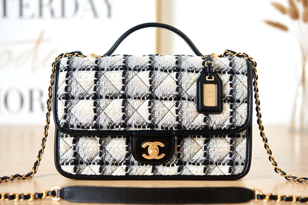 Chanel AS3653 Small Flap Bag with Top Handle Wool Tweed & Gold-Tone Metal Beige
