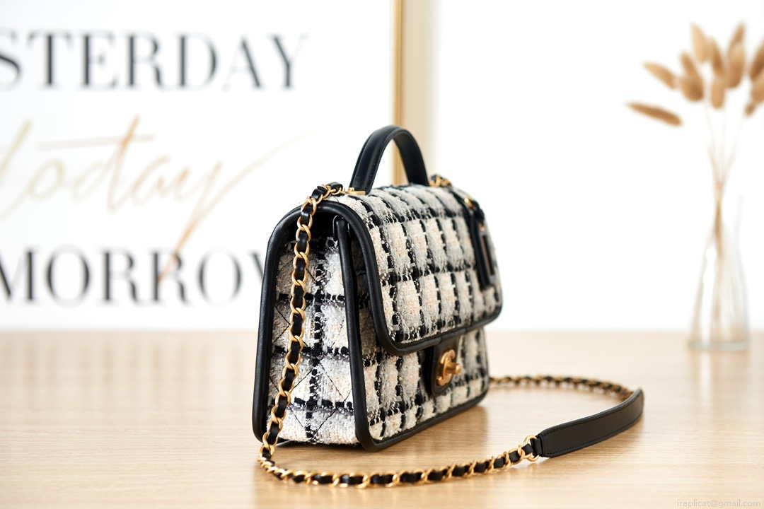 Chanel AS3653 Small Flap Bag with Top Handle Wool Tweed & Gold-Tone Metal Beige
