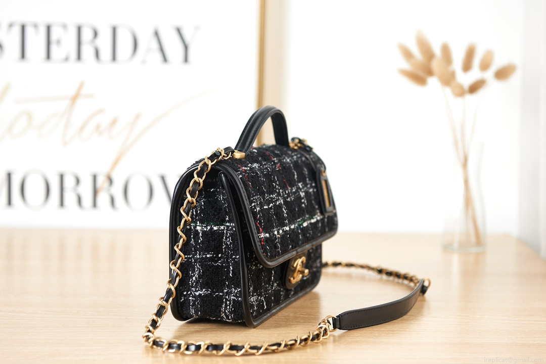 Chanel AS3653 Small Flap Bag with Top Handle Wool Tweed & Gold-Tone Metal Black and White
