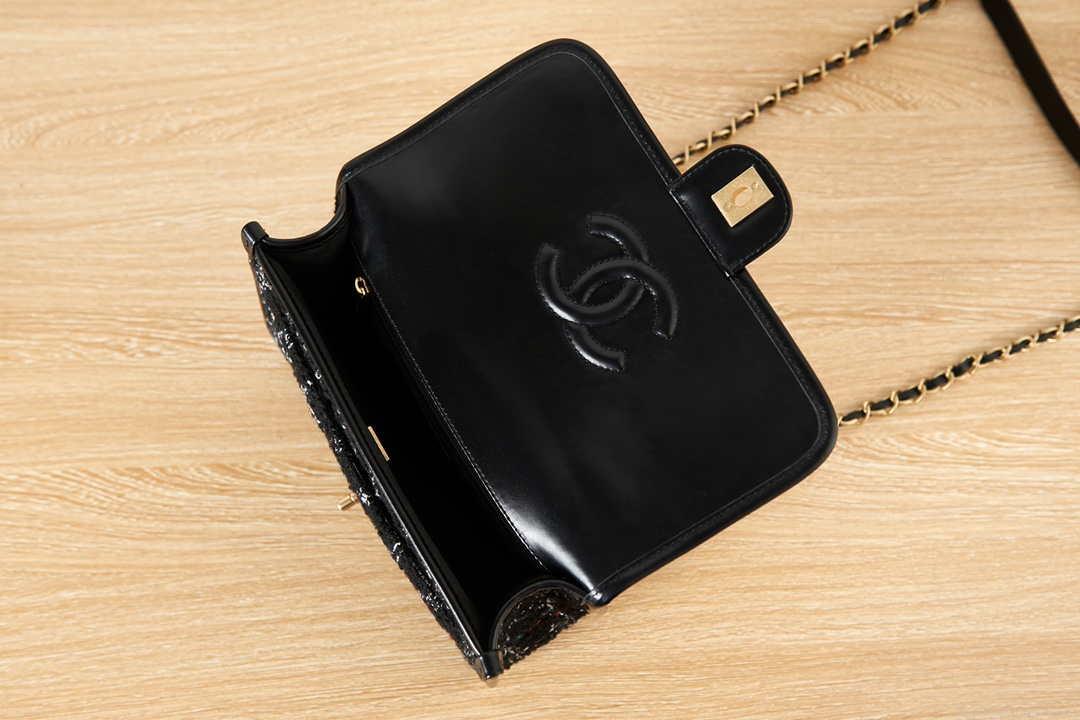 Chanel AS3653 Small Flap Bag with Top Handle Wool Tweed & Gold-Tone Metal Black and White