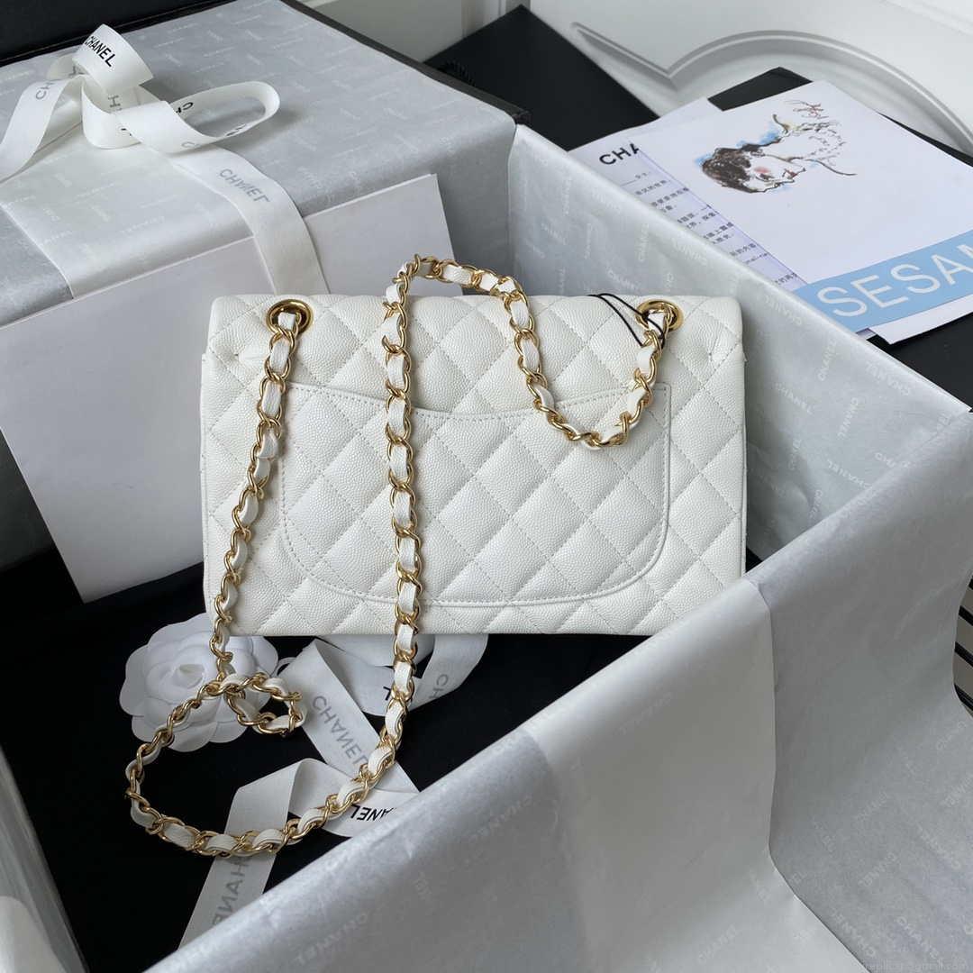 Chanel A01113 Flap Handbag Classic Bag Grained shiny Calfskin White Gold