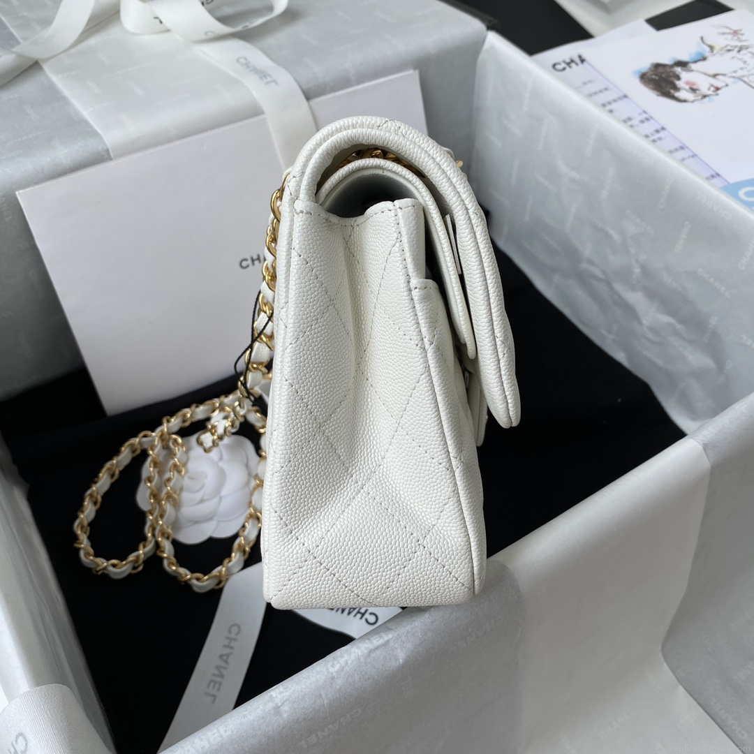 Chanel A01113 Flap Handbag Classic Bag Grained shiny Calfskin White Gold