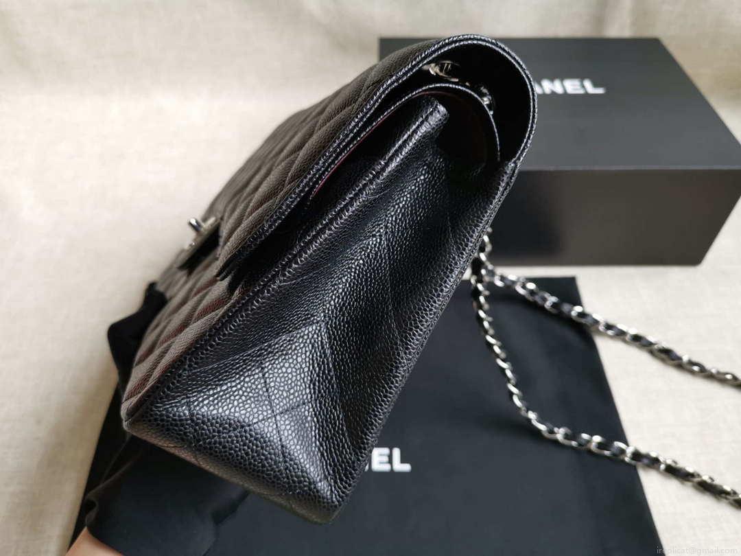 Chanel A58600 Large Classic Handbag Grained shiny Calfskin Black Sliver