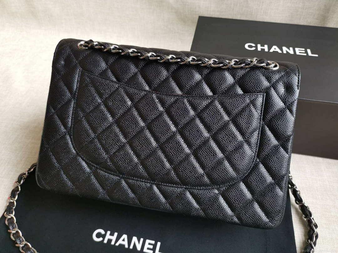 Chanel A58600 Large Classic Handbag Grained shiny Calfskin Black Sliver