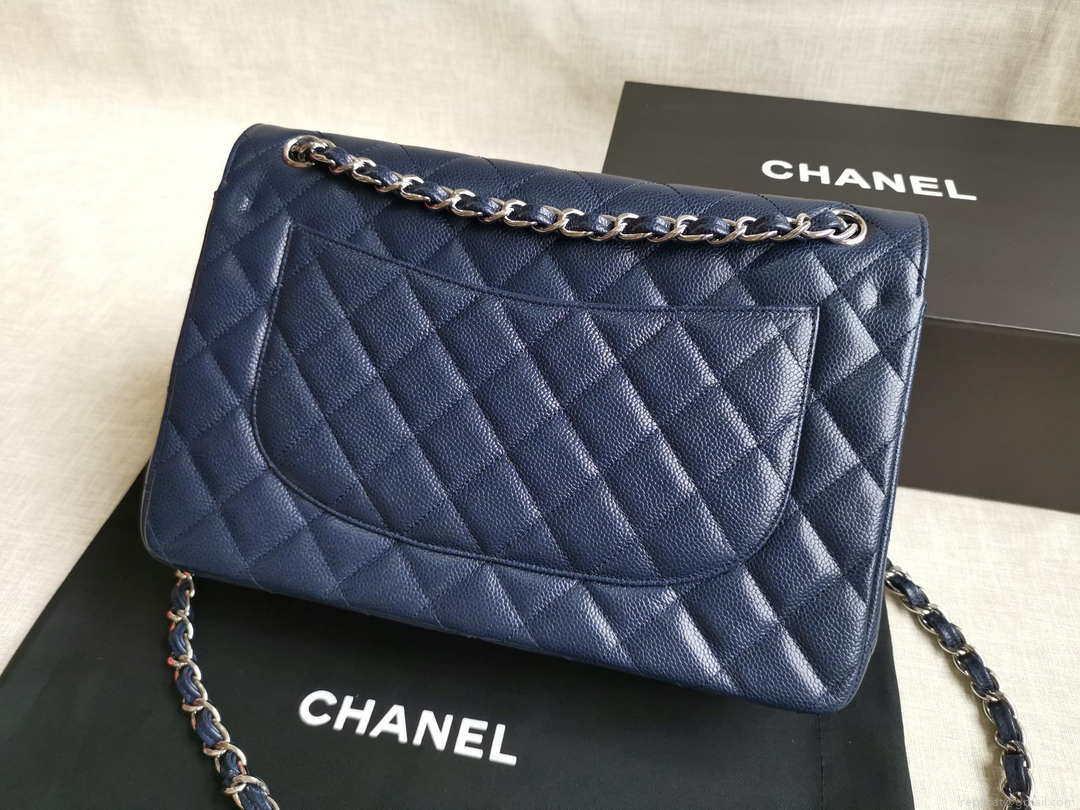Chanel A58600 Large Classic Handbag Grained shiny Calfskin Navy Blue Sliver