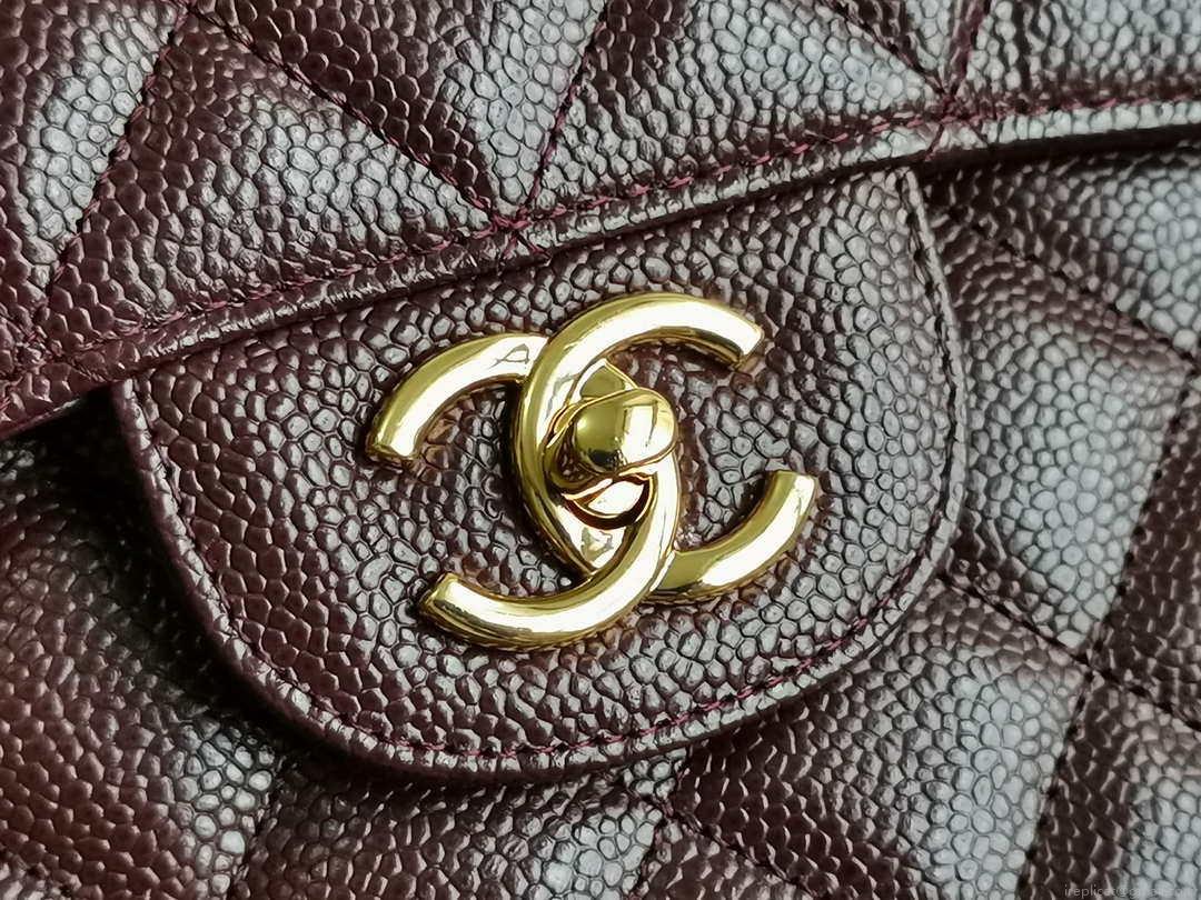 Chanel A58600 Large Classic Handbag Grained shiny Calfskin Wine Red Gold