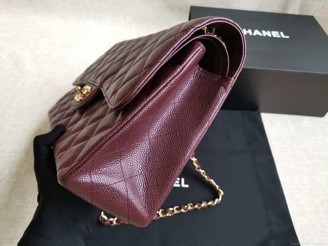 Chanel A58600 Large Classic Handbag Grained shiny Calfskin Wine Red Gold