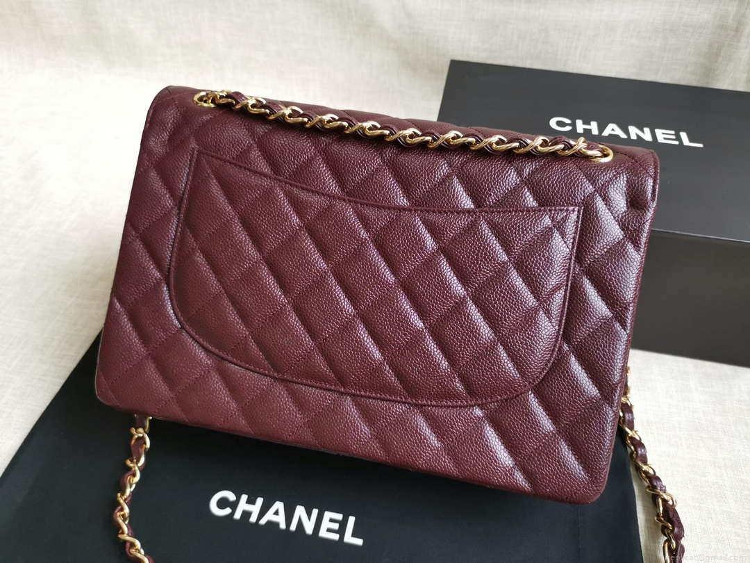Chanel A58600 Large Classic Handbag Grained shiny Calfskin Wine Red Gold