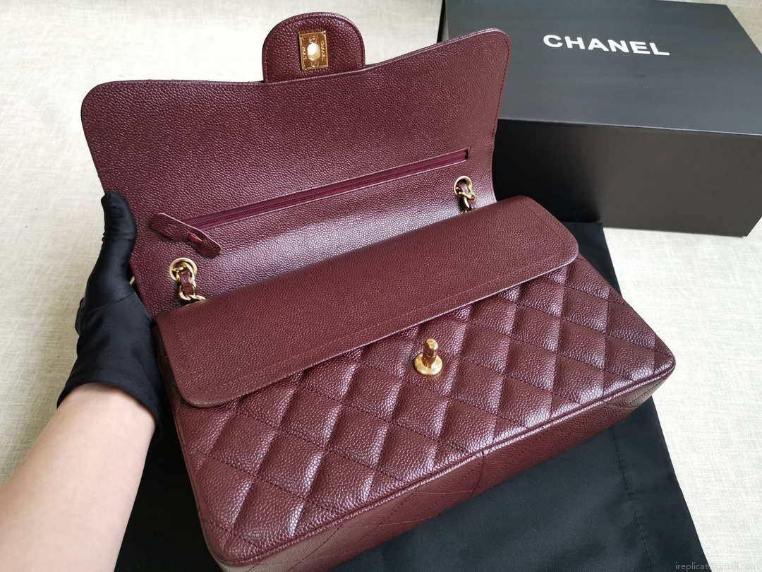 Chanel A58600 Large Classic Handbag Grained shiny Calfskin Wine Red Gold