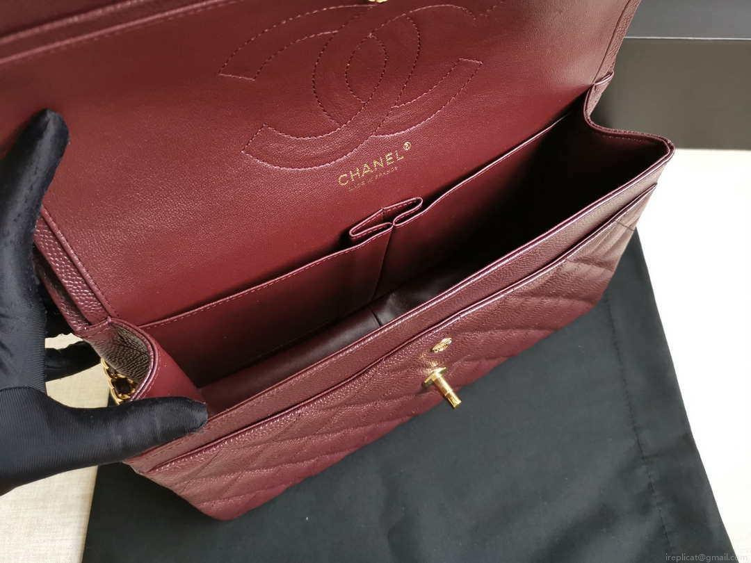 Chanel A58600 Large Classic Handbag Grained shiny Calfskin Wine Red Gold