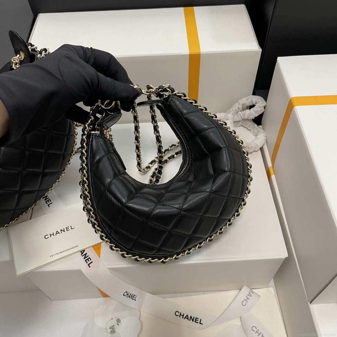 Chanel AS3917 Small Hobo Bag Lambskin & Shiny Light Gold Metal Black