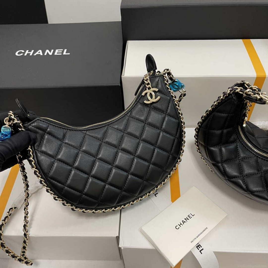 Chanel AS3917 Small Hobo Bag Lambskin & Shiny Light Gold Metal Black