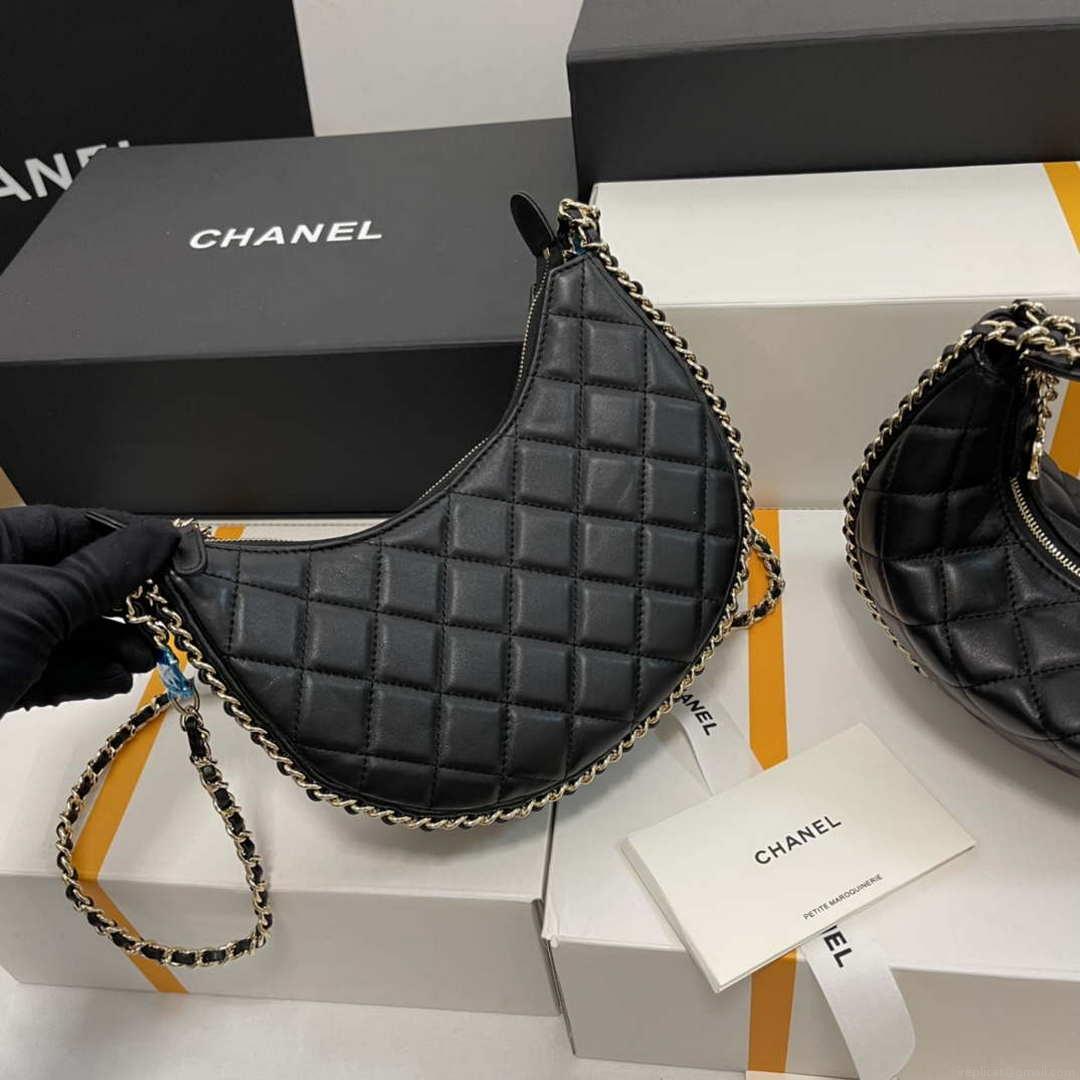 Chanel AS3917 Small Hobo Bag Lambskin & Shiny Light Gold Metal Black