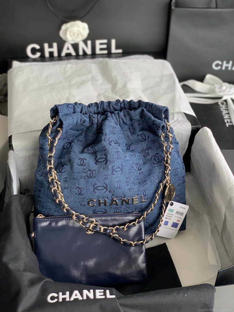Chanel 22 Handbag Gold-Tone Metal Canvas AS3260 Blue denim
