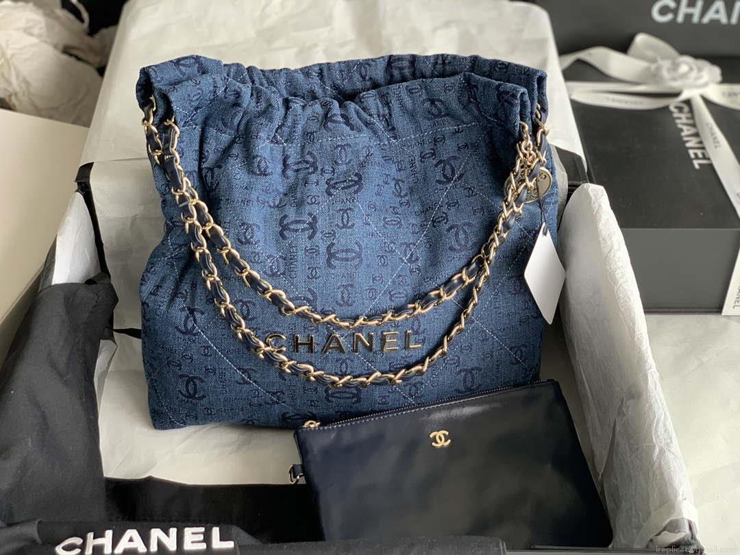 Chanel 22 Handbag Gold-Tone Metal Canvas AS3260 Blue denim