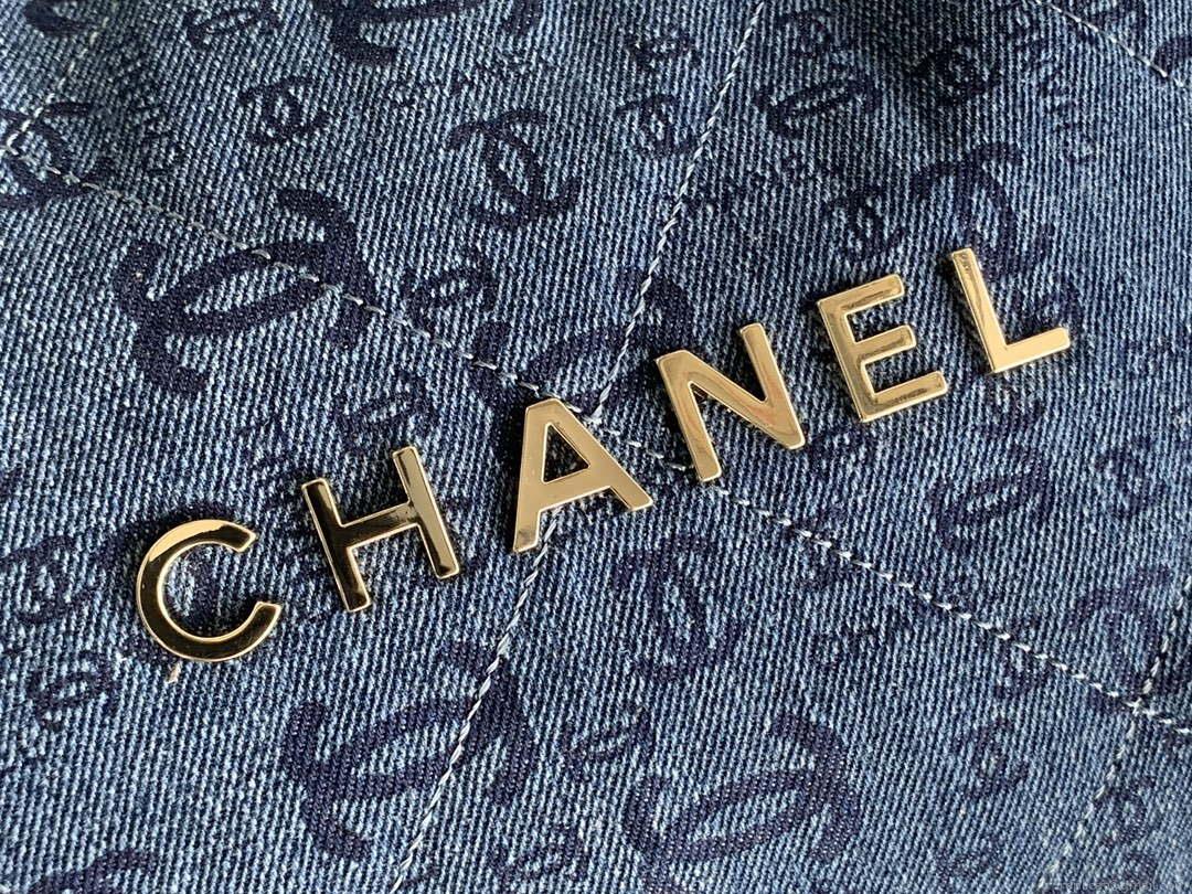 Chanel 22 Handbag Gold-Tone Metal Canvas AS3260 Blue denim