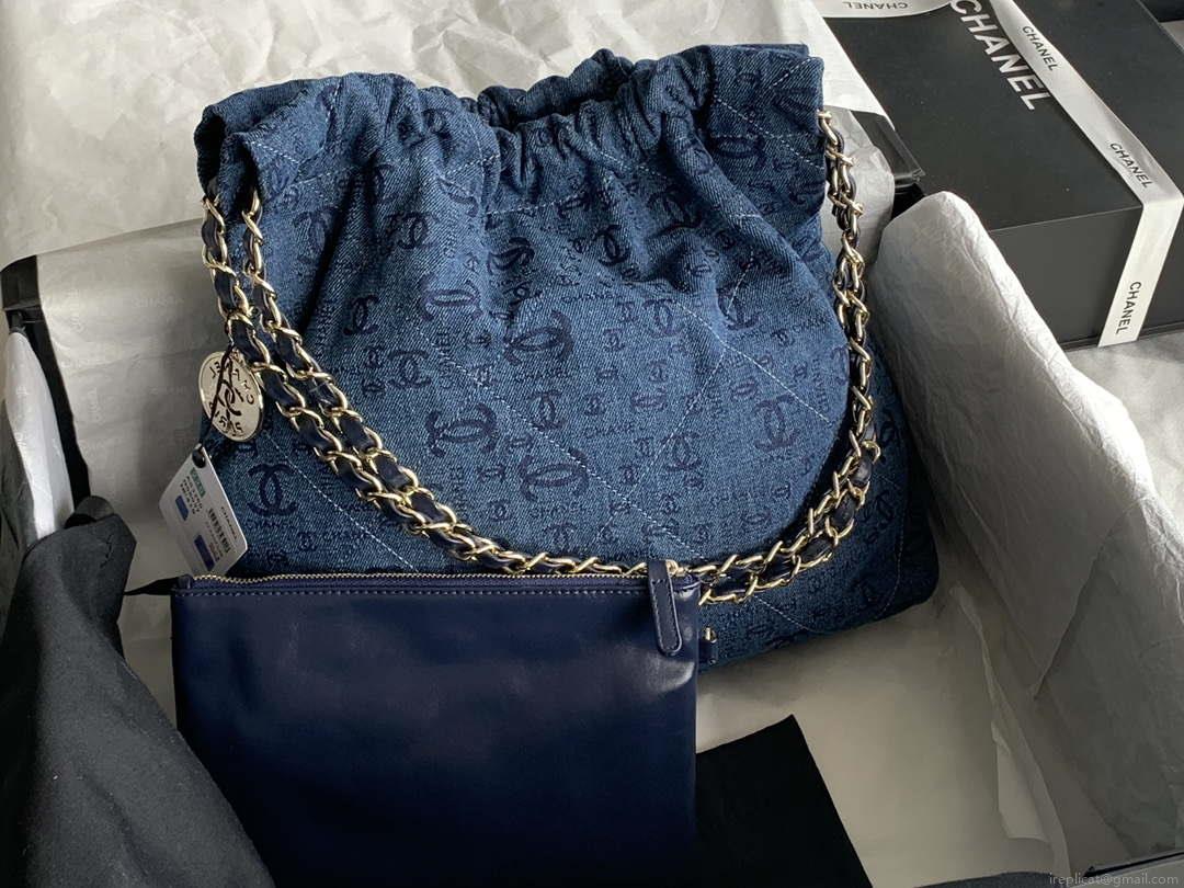 Chanel 22 Handbag Gold-Tone Metal Canvas AS3260 Blue denim