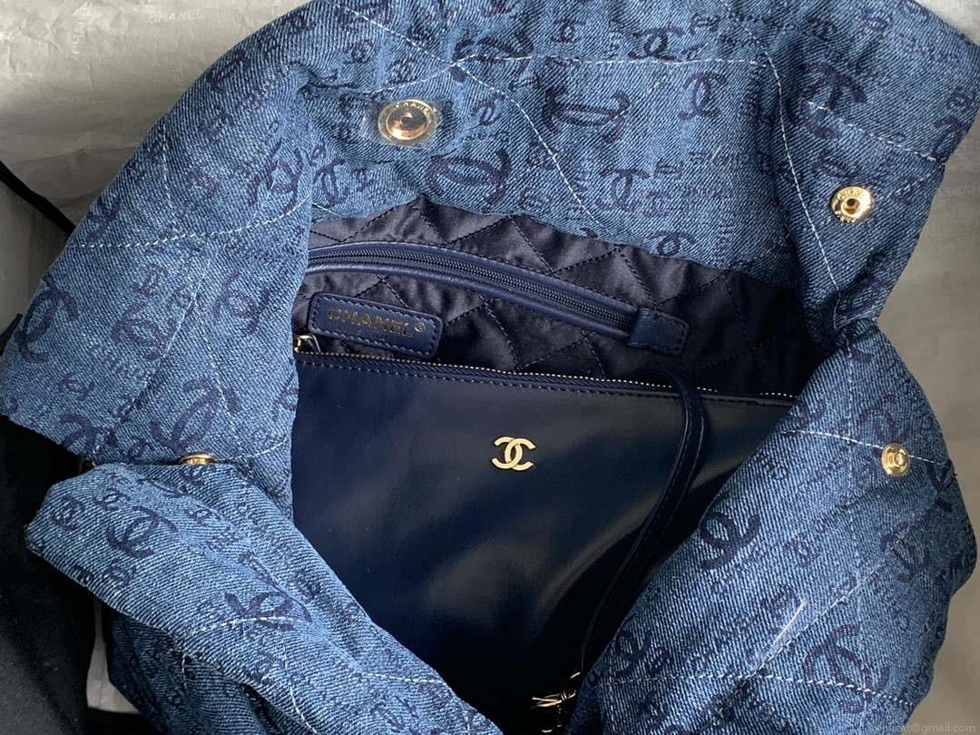 Chanel 22 Handbag Gold-Tone Metal Canvas AS3260 Blue denim