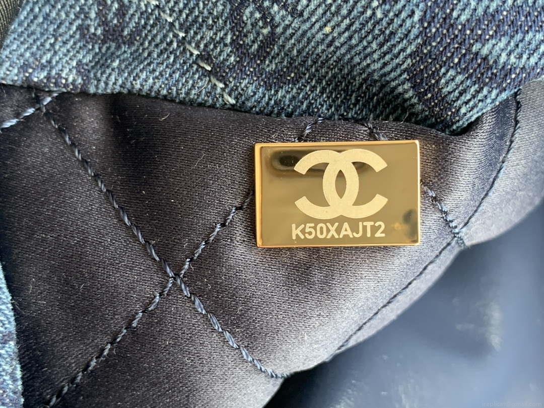 Chanel 22 Handbag Gold-Tone Metal Canvas AS3260 Blue denim
