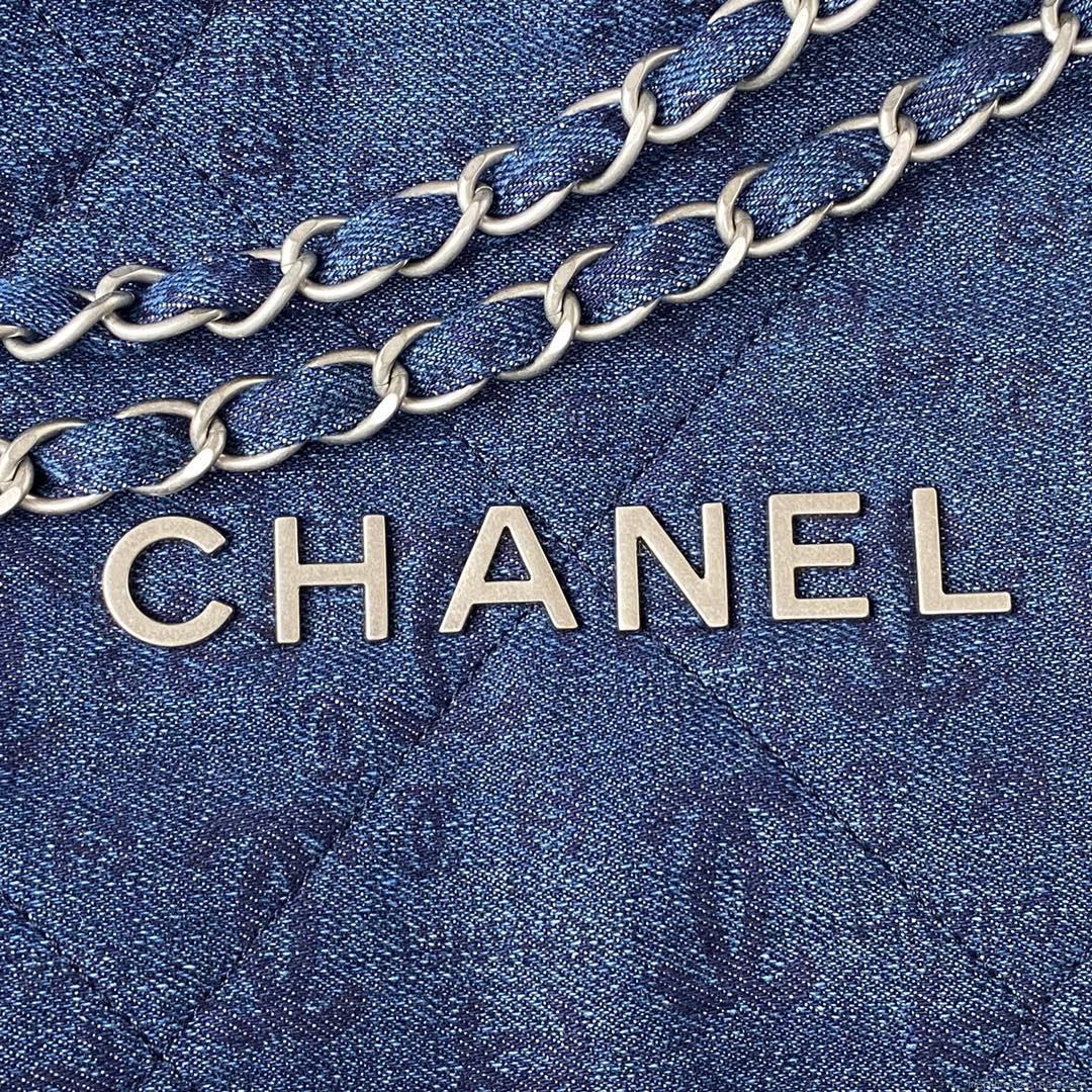 Chanel 22 Handbag Silver-Tone Metal Canvas AS3260 Blue denim