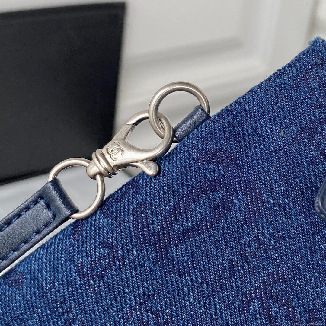 Chanel 22 Handbag Silver-Tone Metal Canvas AS3260 Blue denim